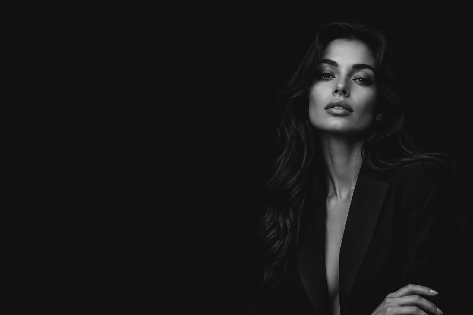 Retrato editorial en blanco y negro de una modelo con americana negra