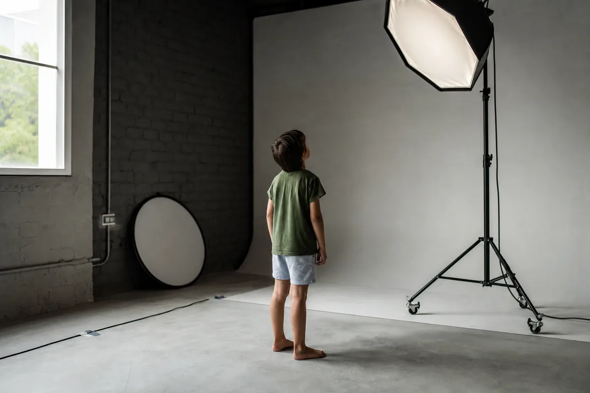Niño de espaldas en el estudio mirando hacia la ventana de luz