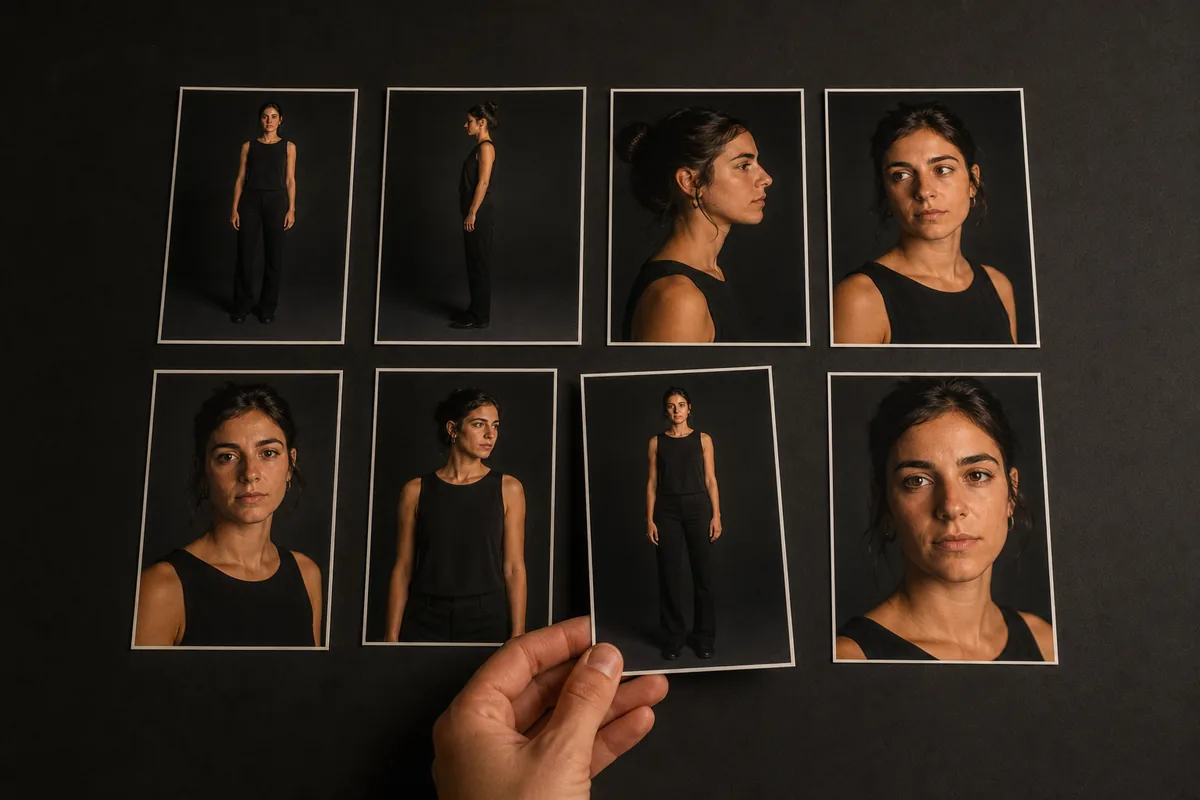 Ocho copias impresas de una misma modelo ordenadas en dos filas sobre la mesa