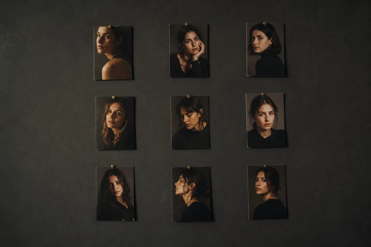 Moodboard de nueve copias impresas clavadas en cuadrícula sobre un tablero
