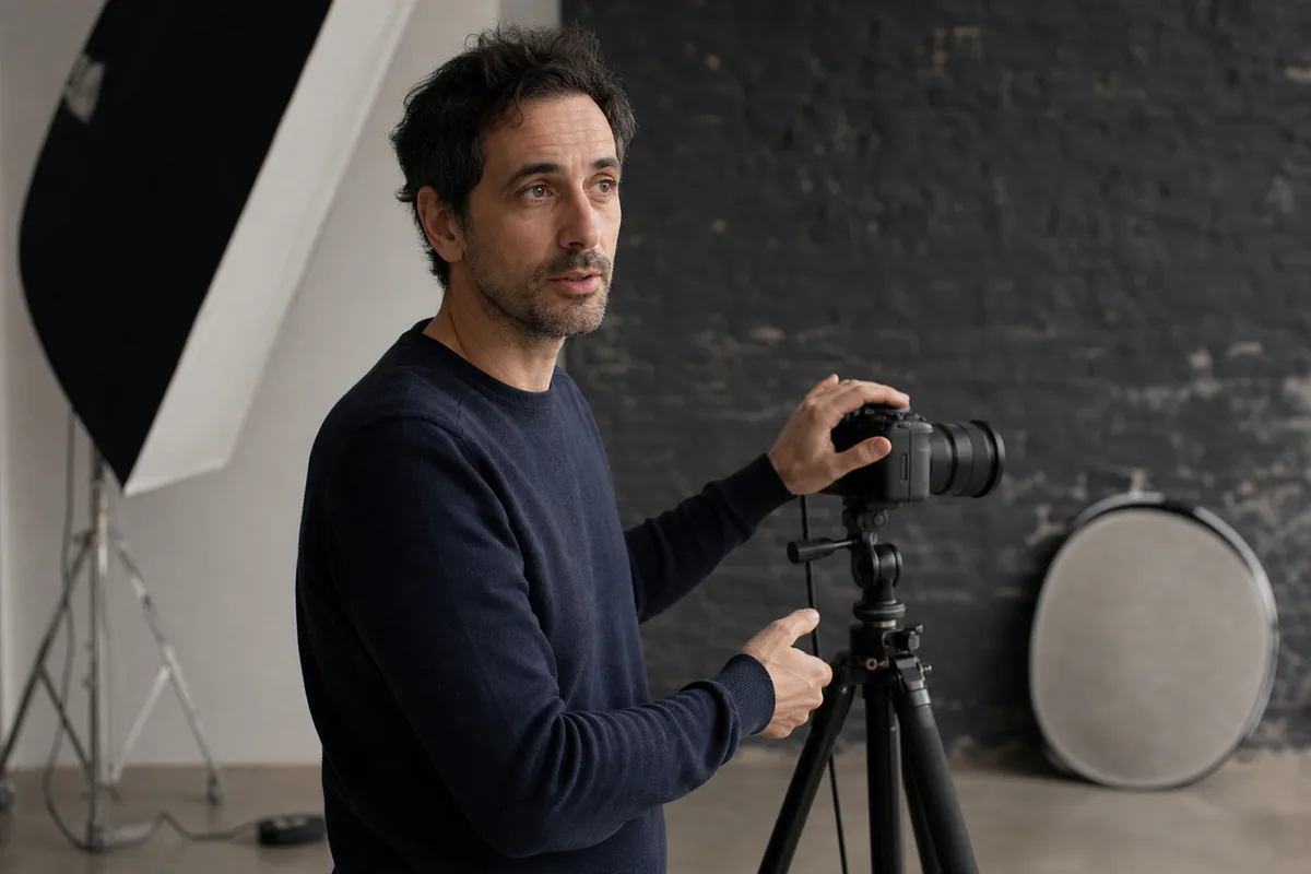 Fotógrafa junto a la cámara sobre trípode en un estudio vacío
