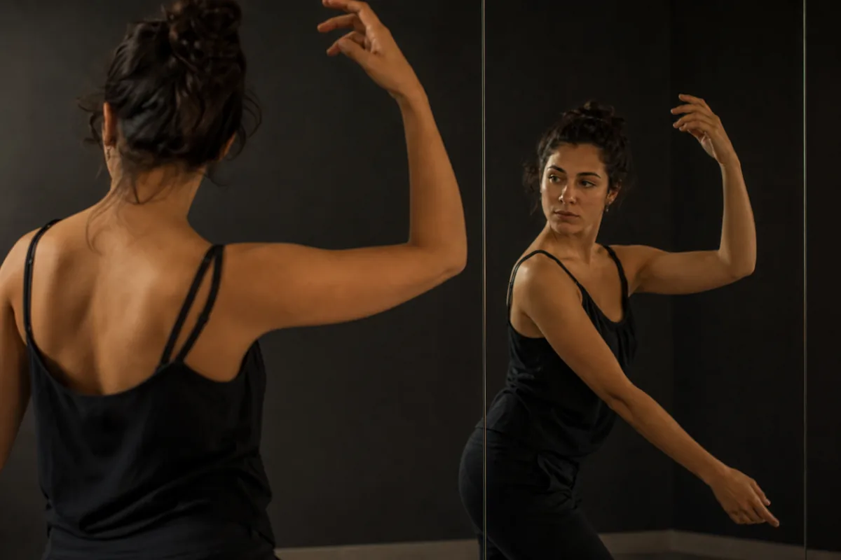Chica joven ensayando poses frente a un espejo grande en una habitación vacía