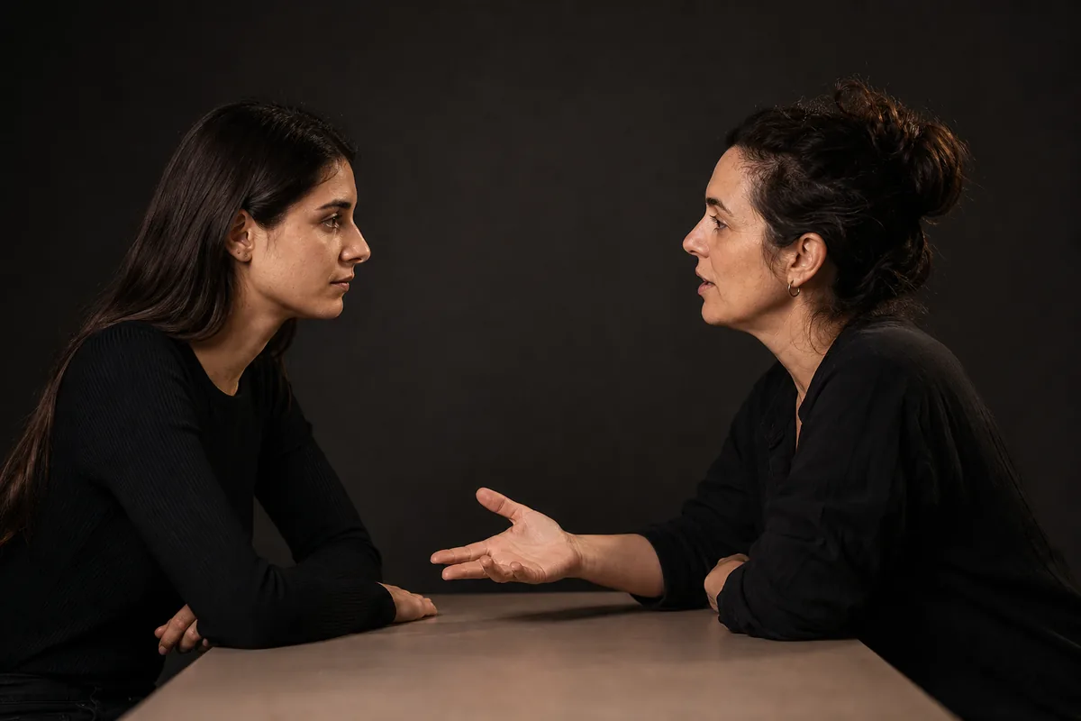 Dos mujeres conversando a ambos lados de una mesa durante una entrevista