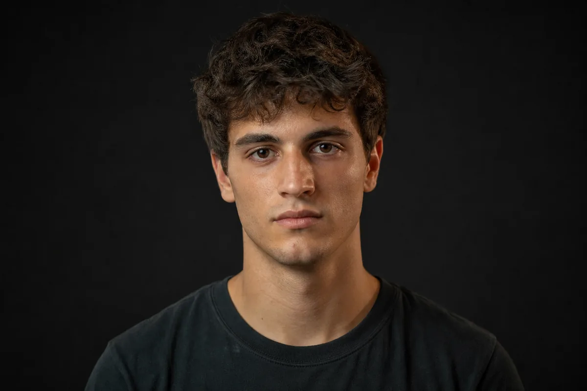 Retrato frontal sin estilismo de un chico joven, tal y como lo pide una agencia