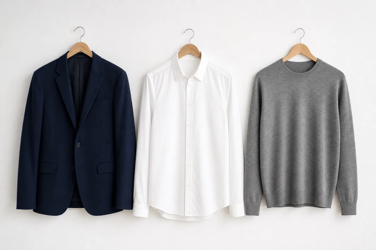 Blazer, camisa blanca y jersey fino colgados en perchas contra una pared lisa
