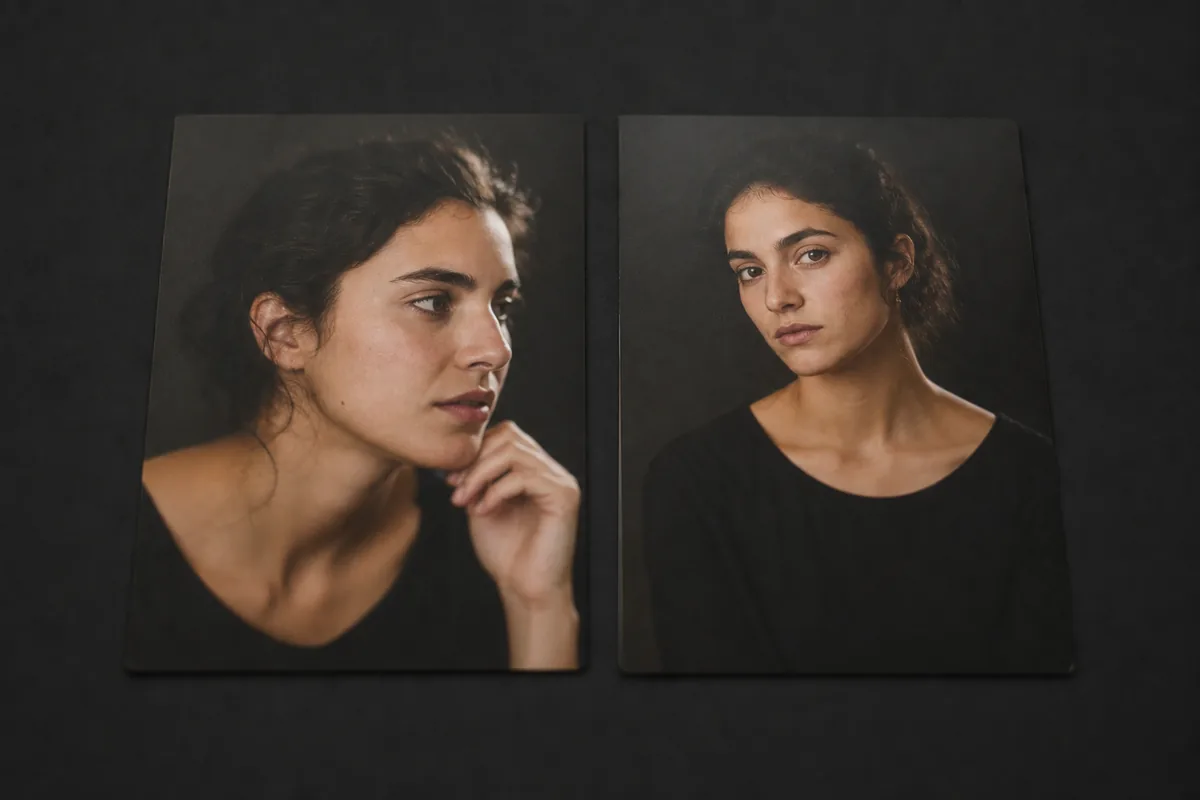 Dos tarjetas fotográficas sostenidas casi de canto contra un fondo liso