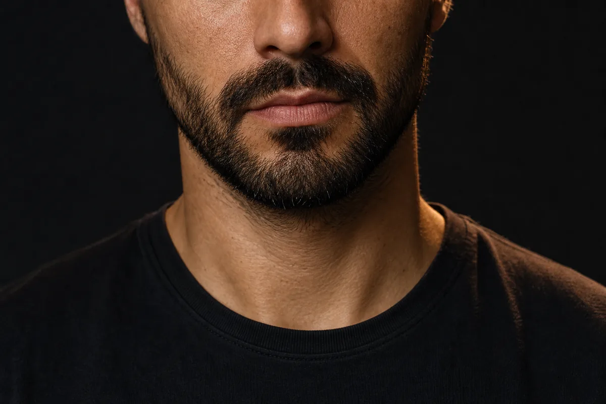 Detalle de la mandíbula y la barba recortada con la línea del cuello limpia