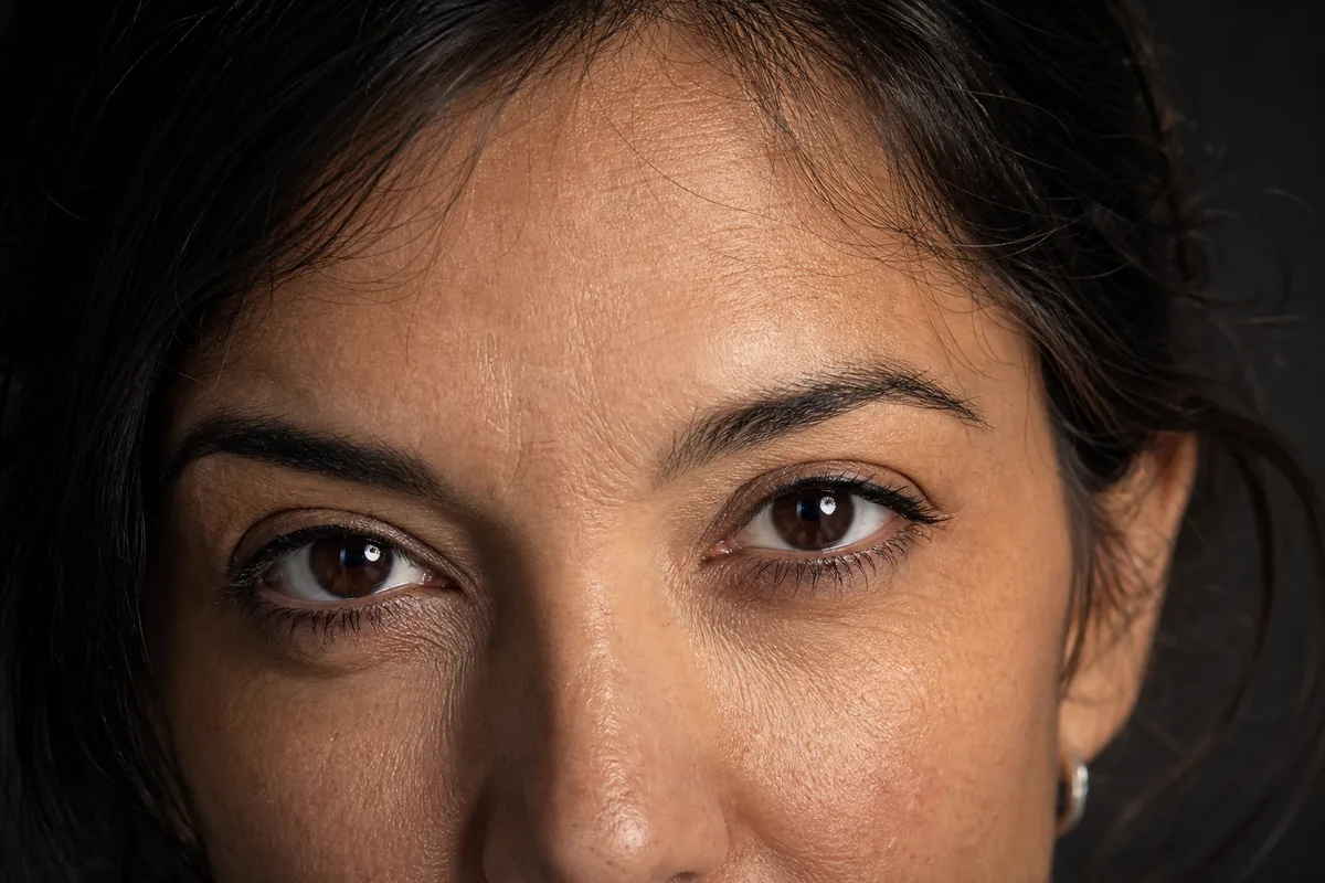 Primerísimo plano de los ojos con los músculos inferiores ligeramente activos