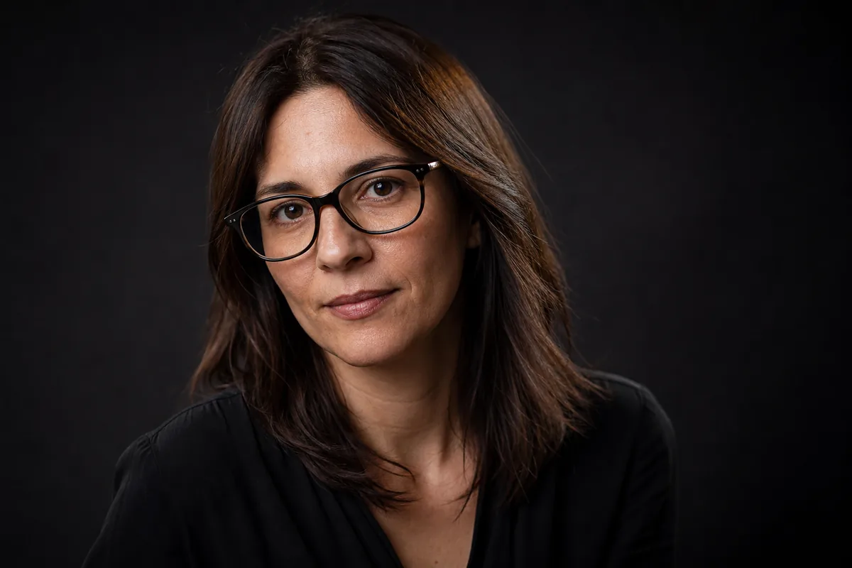 Retrato con gafas con el mentón bajado y la cabeza girada para evitar el reflejo