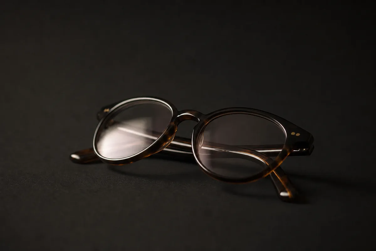 Gafas plegadas sobre una superficie oscura con un único brillo en el cristal
