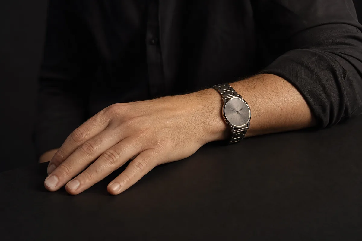 Muñeca con un reloj liso sin más pulseras, apoyada en una superficie oscura