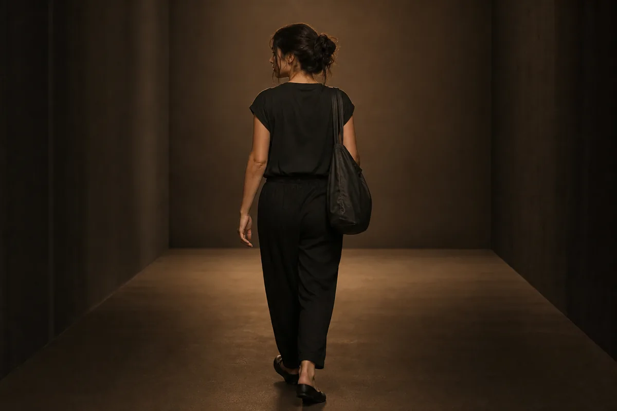 Modelo alejándose por un pasillo vacío con la bolsa al hombro