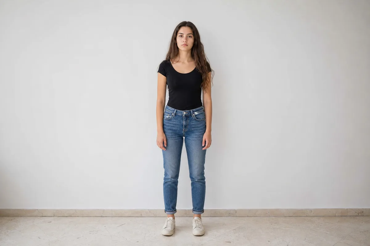 Polaroid de cuerpo entero contra una pared lisa, sin maquillaje ni estilismo