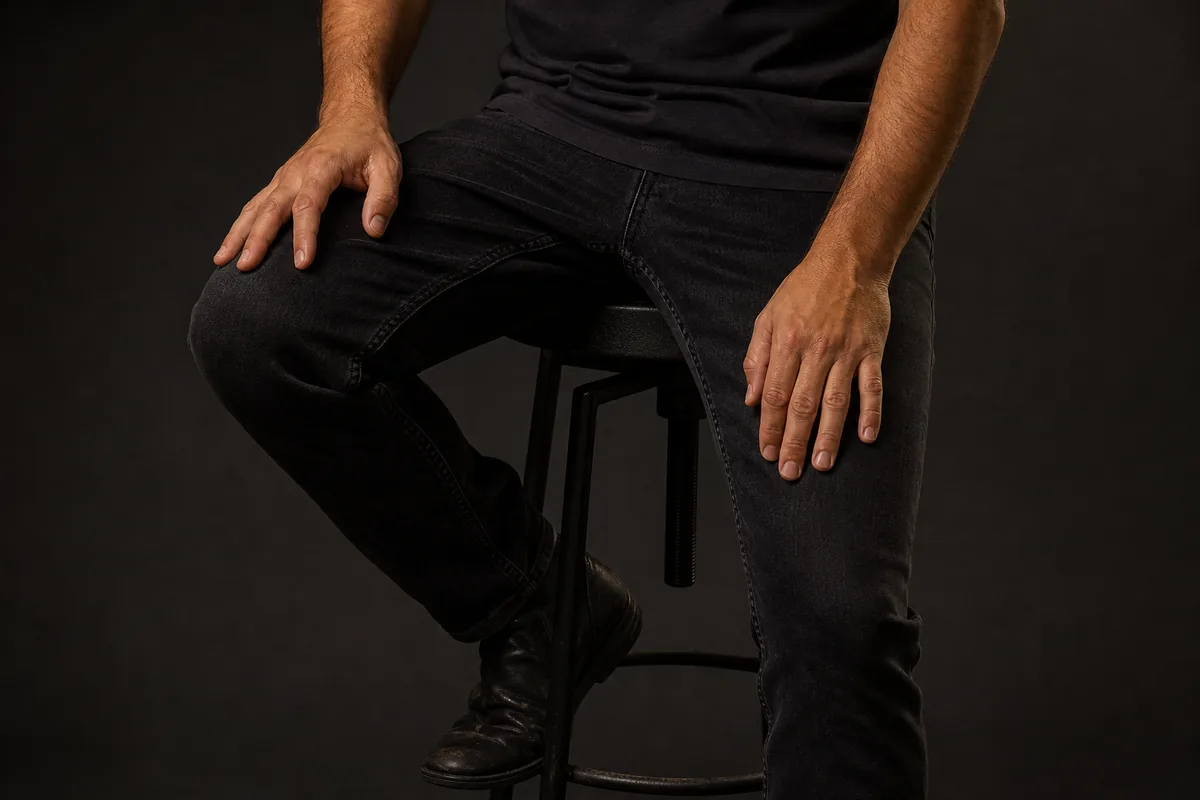 Detalle de las manos apoyadas sobre los muslos en una pose sentada