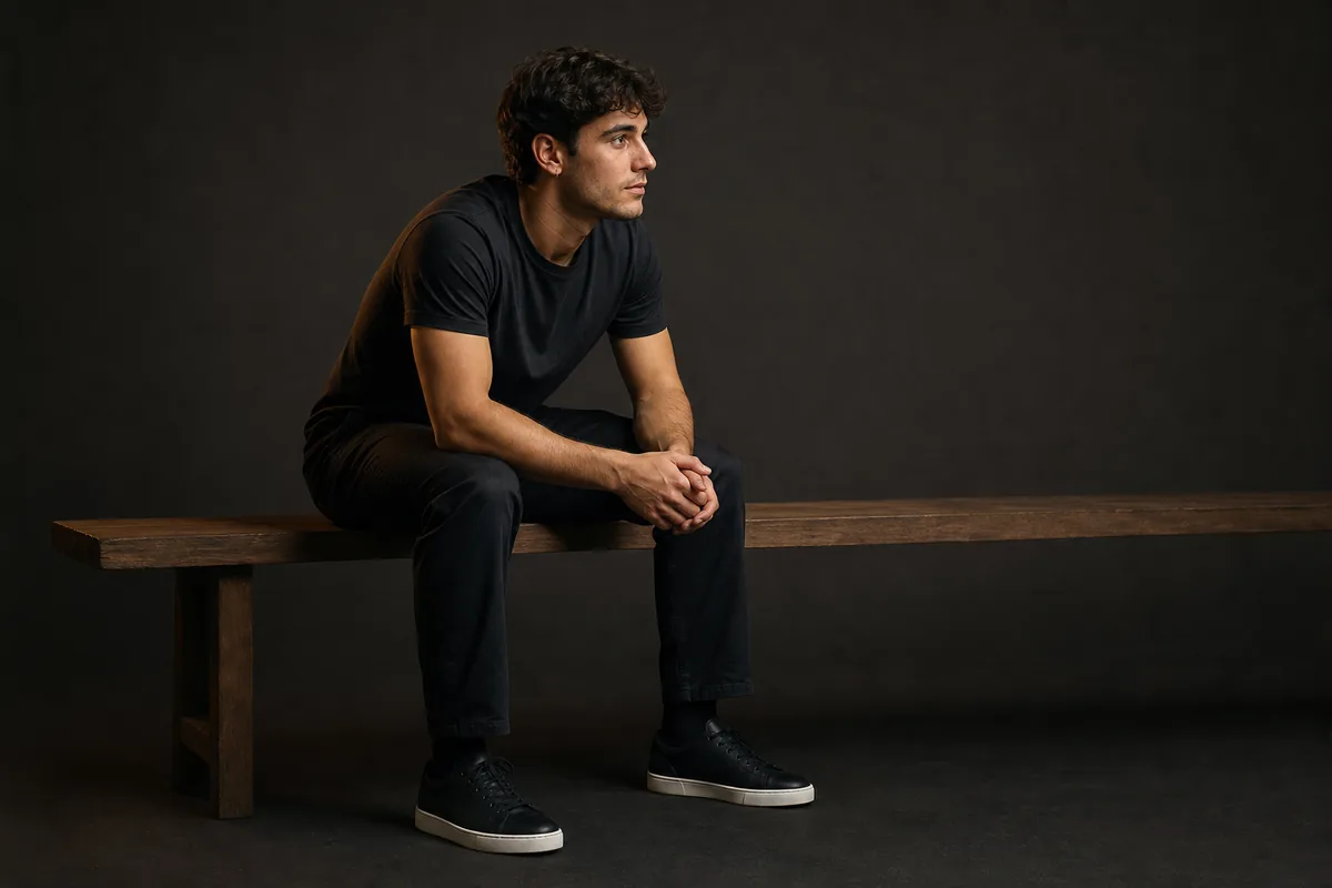Chico joven sentado en un banco con los codos sobre las rodillas, esperando