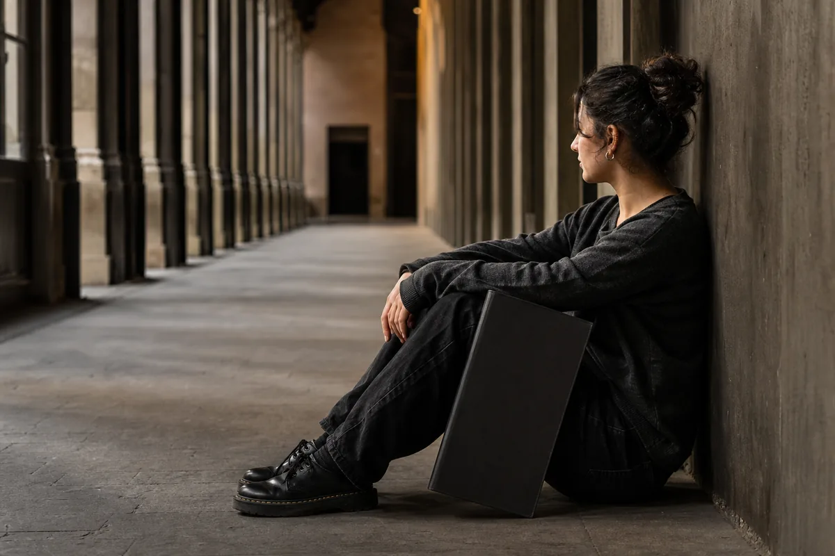 Modelo sentada en el suelo del pasillo con el book apoyado en las piernas