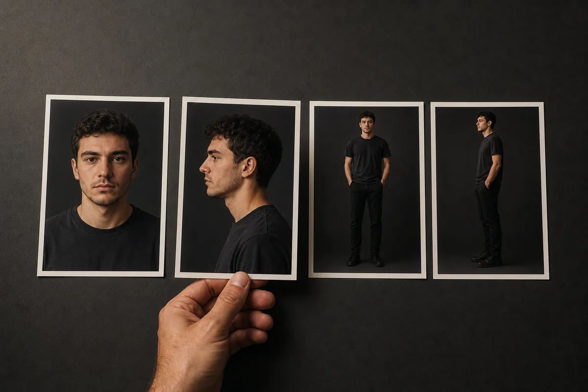 Fotos naturales de un aspirante ordenadas sobre la mesa de una agencia