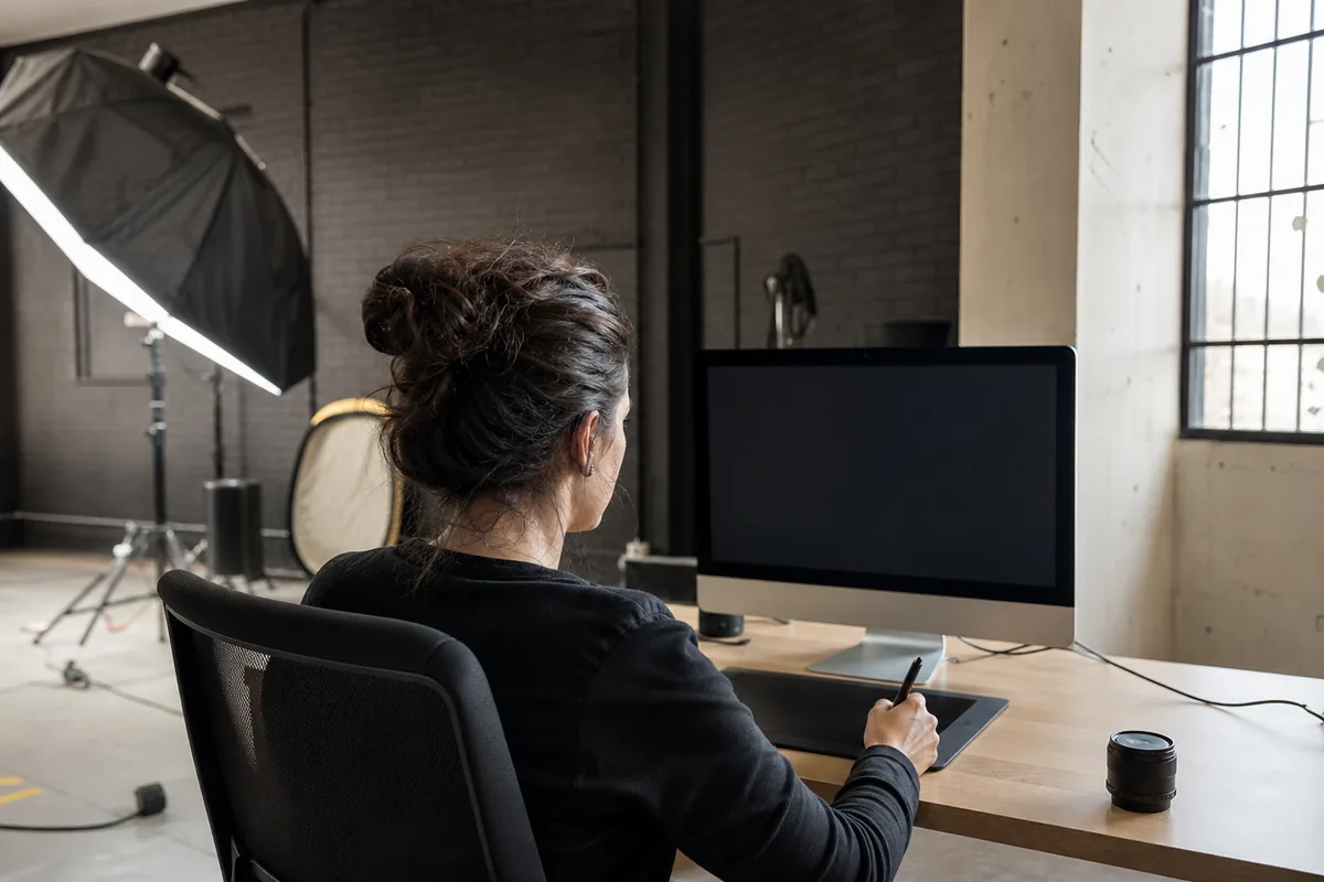Persona de espaldas editando frente a un monitor con tableta gráfica