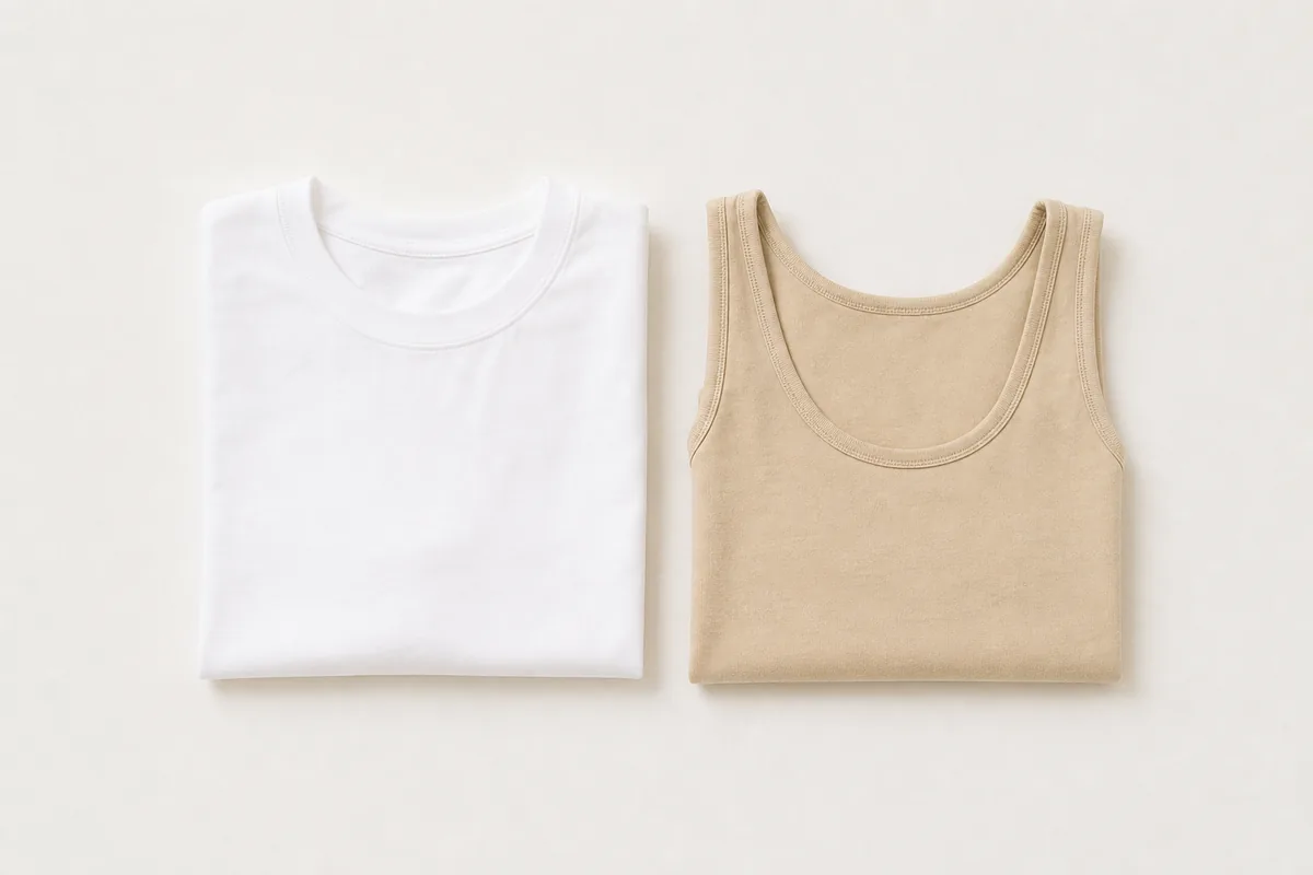Camiseta blanca y camiseta interior sin costuras dobladas sobre una superficie clara