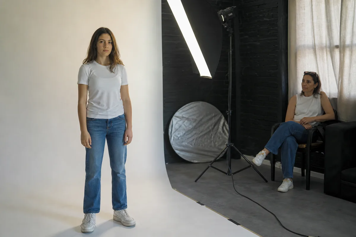 Adolescente en su primera sesión test con su madre esperando al fondo del estudio