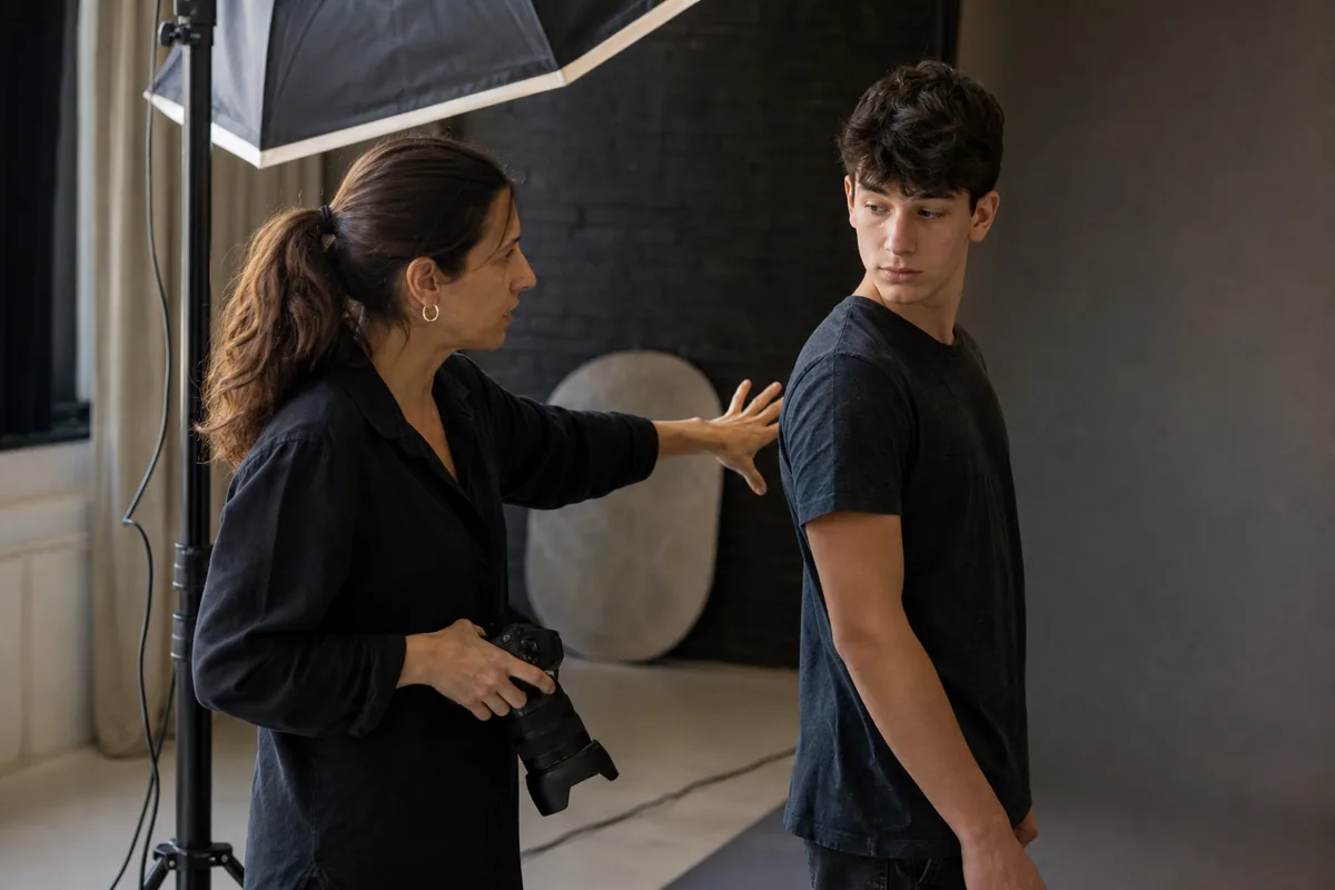 Fotógrafa dirigiendo la pose de un adolescente durante la sesión