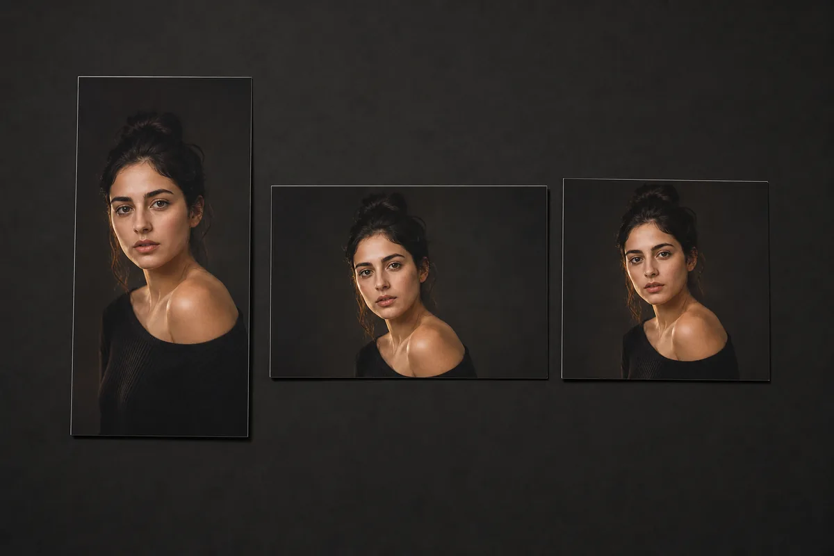 Tres copias del mismo retrato en formato vertical, horizontal y cuadrado
